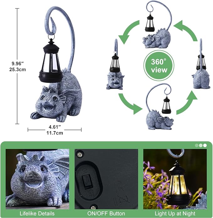 Baby Dragon Statue with Solar Lantern - Dragon Garden Decor and Housewarming Gifts for Mom, Women - Outdoor Dragon Gifts for Yard-VerdiqueGarden