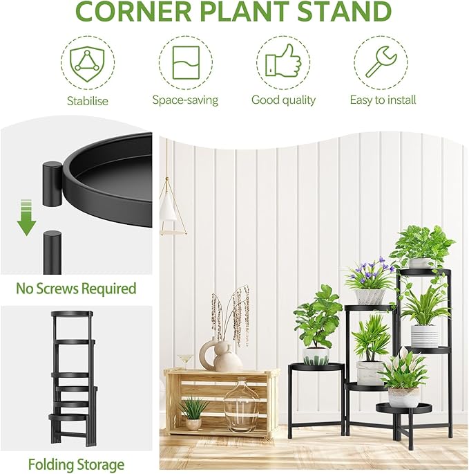 iDavosic.ly 6 Tier Large Plant Stand Indoor with 10 Inch Wide Tray, Tiered Corner Metal Outdoor Flower Display Holder Shelf, Folding Tall Rack for Patio Porch Living Room, Modern Black-VerdiqueGarden