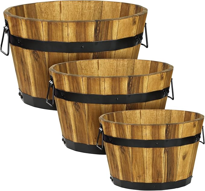 IDZO Set of 3 Wooden Flower Planters for Outdoor Plants, Acacia Wood Barrel Planters, Ergonomic Handles, Drainage Holes, Various Sizes, Golden Teak-VerdiqueGarden