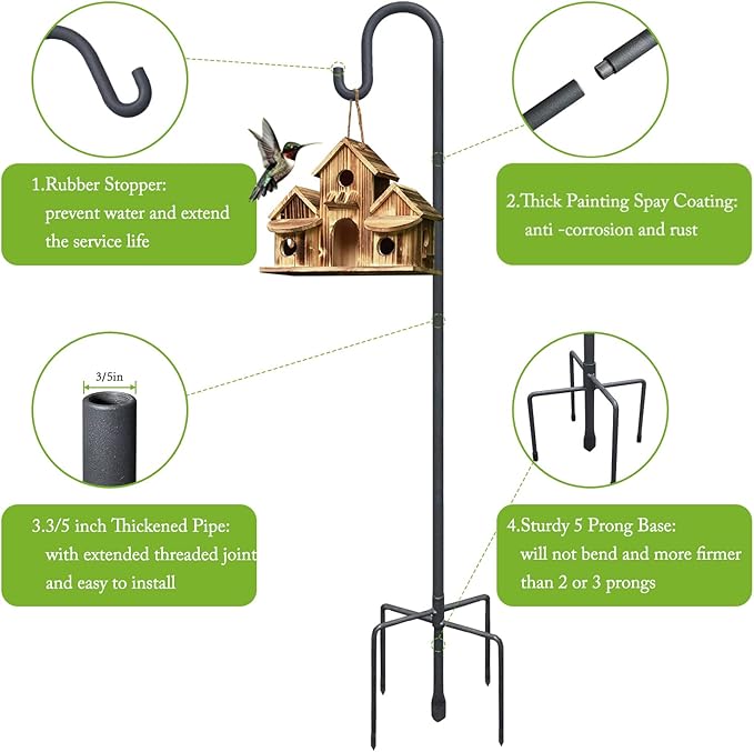 Highpro Shepherds Hooks for Outdoor 47 Inch Bird Feeder Pole Squirrel Proof Hummingbird Feeder Stand Heavy Duty with 5 Prong Base for Hanging Bird Feeder, Plant Baskets, Solar Light Lanterns-VerdiqueGarden