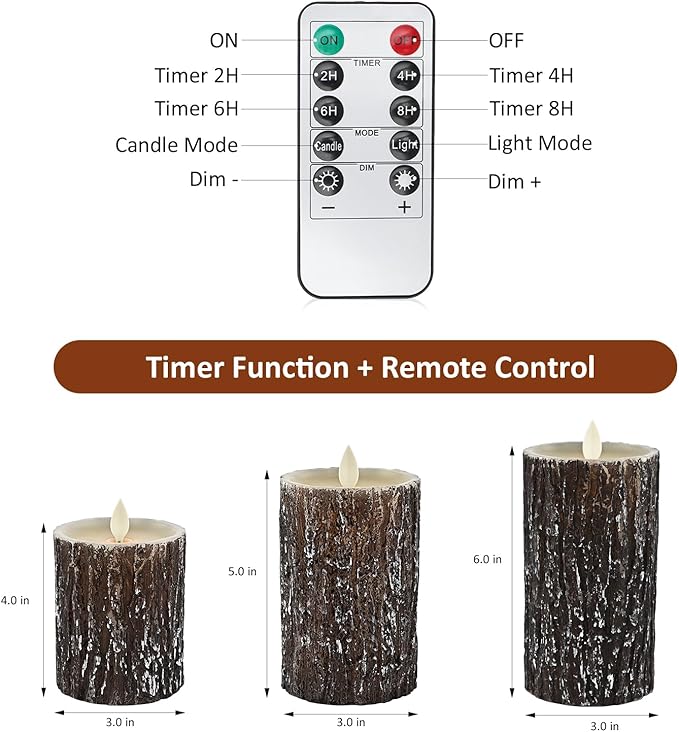 JOSU LED Flameless Candles Pine Bark Effect, Battery Operated Candles with Remote Control, LED Fake Candles, 4" 5" 6" Pack of 3, for Wedding Decor, Table Decor, Home Decoration Gifts (Pine Bark)-VerdiqueGarden