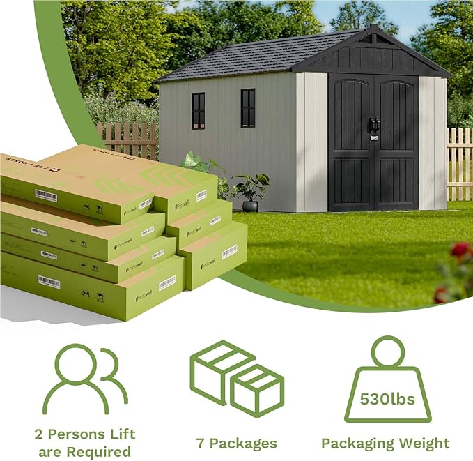 Patiowell 8 x 12 FT Plastic Outdoor Storage Shed with Floor, Resin Shed with Window and Lockable Door for Garden, Backyard, Tool Storage Use, Easy to Install in Beige (Kick-it Shed)-VerdiqueGarden