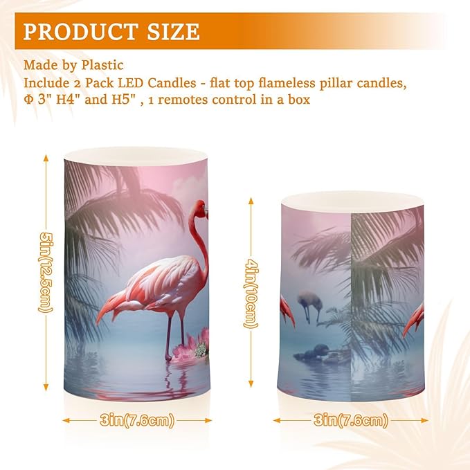 Flamingo Flameless Candles with Remote Control and Timer, Adjustable Brightness Long Lasting Battery Operated LED Pillar Candles for Indoor Outdoor Party Home Decor, 2 Pack-VerdiqueGarden