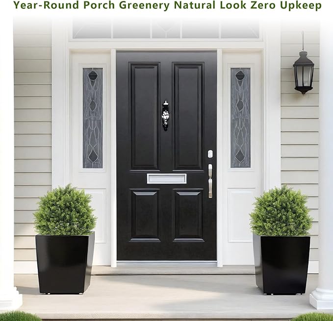 THE BLOOM TIMES 2ft Artificial Topiary Ball Trees Outdoor Set of 2, 24" Tall Faux Cedar Plants Outside UV Resistant Greenery Fake Evergreen Potted Bushes and Shrubs for Front Porch Patio Planter Decor-VerdiqueGarden