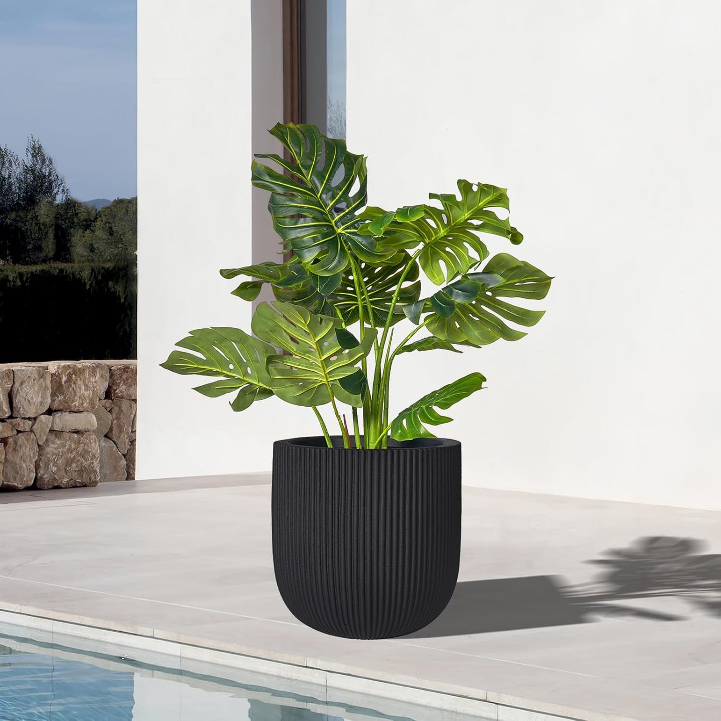 16 Inch Handmade Concrete Outdoor Planter - Classic Striped Design | Fiberglass & Composite Material | Durable for Commercial & Home Decor-VerdiqueGarden