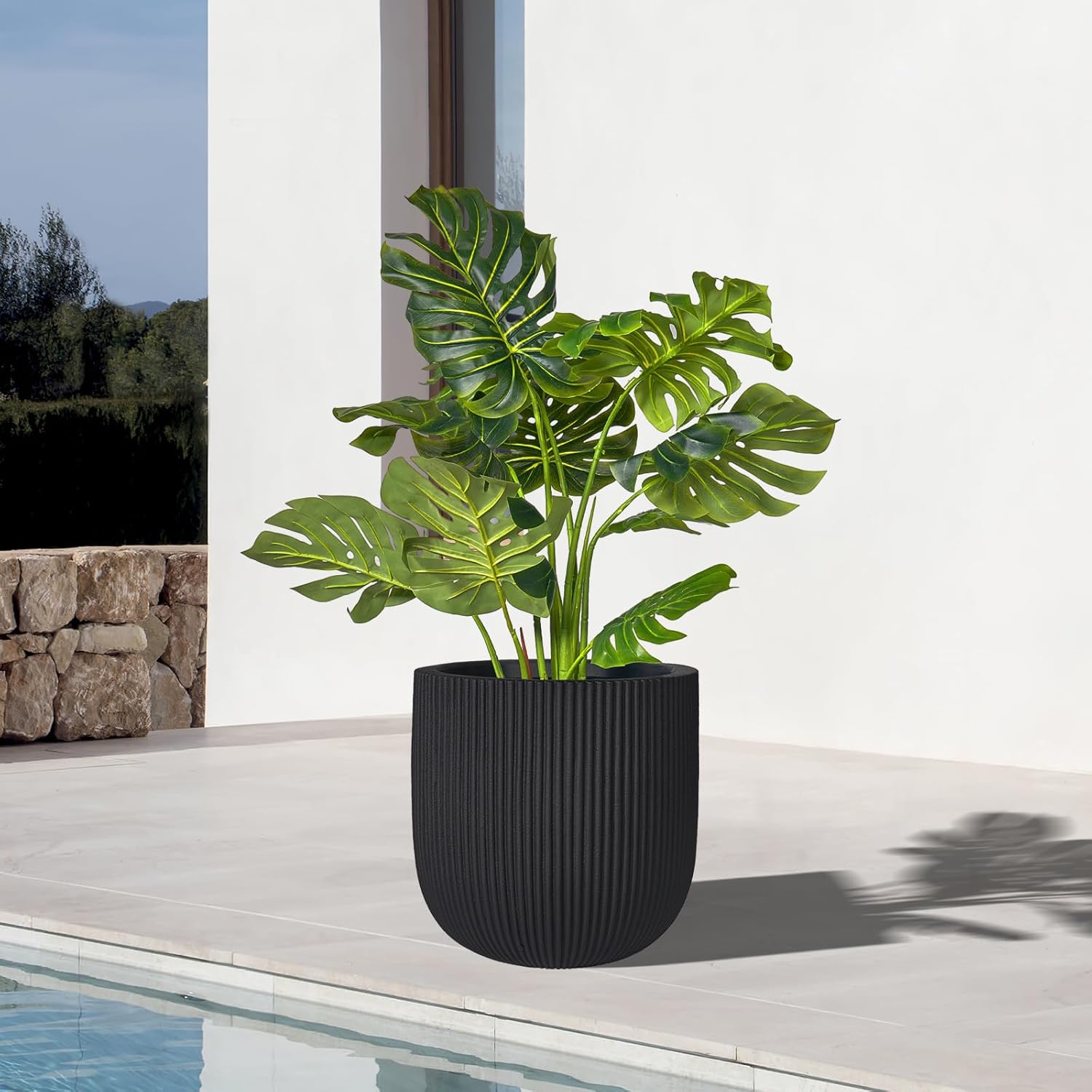 16 Inch Handmade Concrete Outdoor Planter - Classic Striped Design | Fiberglass & Composite Material | Durable for Commercial & Home Decor-VerdiqueGarden