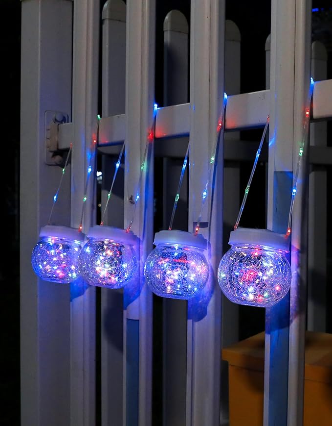 Solar Lantern Solar Lights Outdoor Waterproof 6-Pack, Solar Powered Hanging Lights Cracked Glass Hanging Globes for Christmas Decoration, Shepherd Hook, Garden Tree Ornaments,White Cap, Multi-Color-VerdiqueGarden