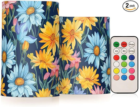 Flickering Flameless Candles, Daisy Flowers Botanical LED Candles with Remote Timer, Set of 2 Battery Operated Candle for Valentine Wedding Birthday-VerdiqueGarden