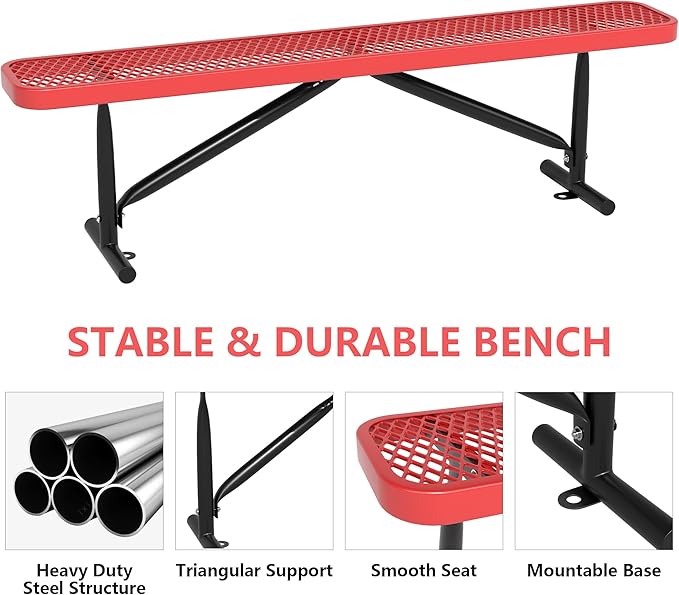 48" L Outdoor Steel Flat Bench, Heavy Duty Metal Park Bench for Outside, Expanded Metal, Commercial Benches Mesh Bench for Shopping Mall, Store, Lawn, Park, Patio, Deck, Garden (Red, 6FT)-VerdiqueGarden