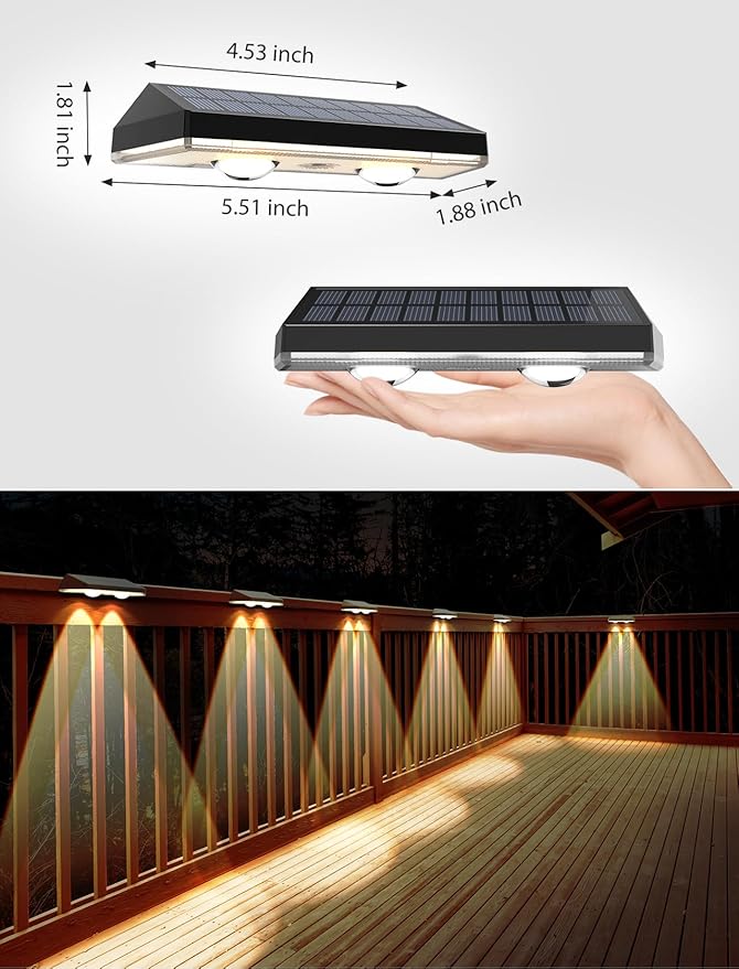 Solar Fence Lights,Warm White & Cold White & Mixed Color 3 Modes Bright Lens LED Dusk to Dawn Deck Light Outdoor Waterproof,Solar Outdoor Lights for Backyard/Railing/Wall (2Pack)-VerdiqueGarden