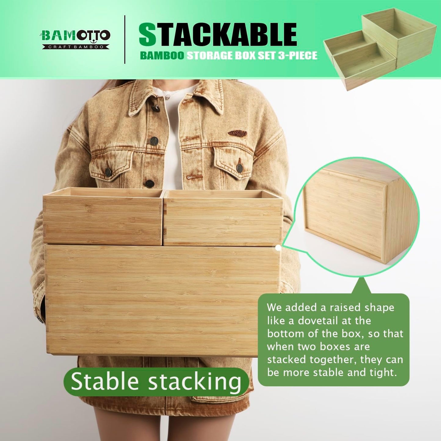 3-Piece Large Bamboo Storage Box Set, 7.1 in High Stackable Deep-Drawer Organizer for Kitchen Cutlery, Utensils & Knives, Exquisite and Durable Lidless Wooden Bin (14.6"x10.2x7.1"*1+10.2"x7.3"x3"*2)-VerdiqueGarden