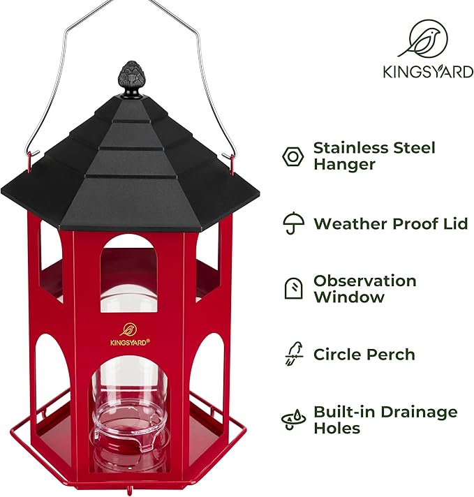 Kingsyard Metal Bird Feeder for Outdoor Hanging, Wild Bird Feeders with Circular Perch, Easy to Clean & Refill, 4 lbs Large Seed Capacity, Red-VerdiqueGarden