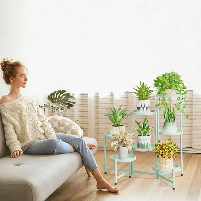 iDavosic.ly 7 Tier Large Plant Stand Indoor, 10 Inch Wide Tall Corner Metal Plant Stands Outdoor for Multiple Plants, Folding Tiered Flower Display Holder Rack Shelf, Light Green-VerdiqueGarden