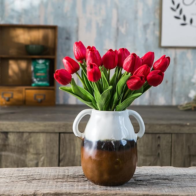 Multi Gradient Ceramic Vase with 2 Handles, Modern Farmhouse Decor, Rustic Terracotta Pottery, Decorative Flower Vases, Clay Small Vase, Centerpiece for Dining Table - 7 Inch Tall-VerdiqueGarden