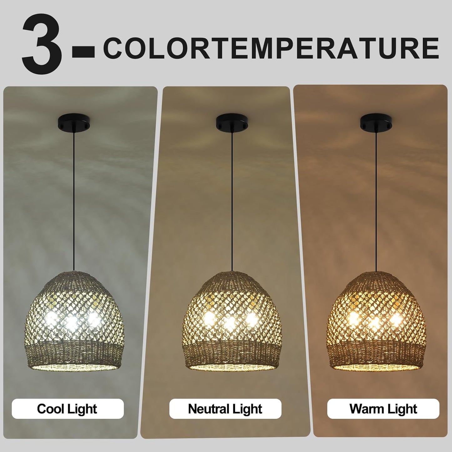 Rattan Pendant Fixtures, 13.39" Boho Wicker Chandelier,3-Light Hand-Woven Seagrass Ceiling Hanging Lights for Kitchen Islands, Dining Rooms, and Farmhouses.-VerdiqueGarden