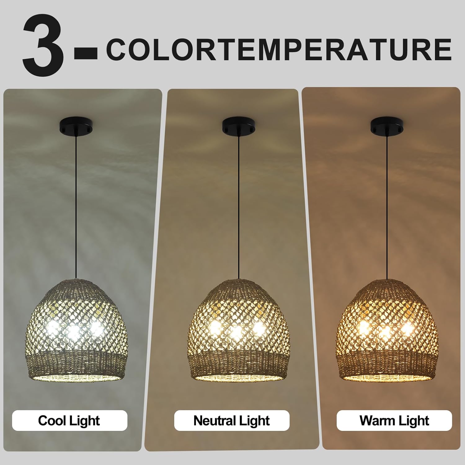 Rattan Pendant Fixtures, 13.39" Boho Wicker Chandelier,3-Light Hand-Woven Seagrass Ceiling Hanging Lights for Kitchen Islands, Dining Rooms, and Farmhouses.-VerdiqueGarden
