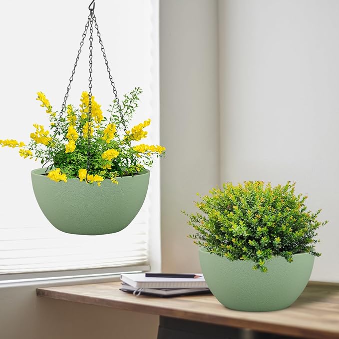 12 inch Large Hanging Planters Plant Pots for Indoor Outdoor Plants, 2 Pack Hanging Flower Pots with Drainage Holes and Chain for Garden Porch, Plastic Hanging Baskets for House Plants, Green-VerdiqueGarden