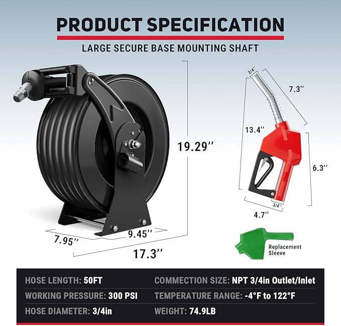 Fuel Hose Reel 3/4" x 50FT Retractable Diesel Hose Reel 300PSI Ratchet Spring Driven Hose Holder Reel Heavy Duty Industrial Steel with Fueling Nozzle for Aircraft Tank Truck Trailer Ship, Black-VerdiqueGarden