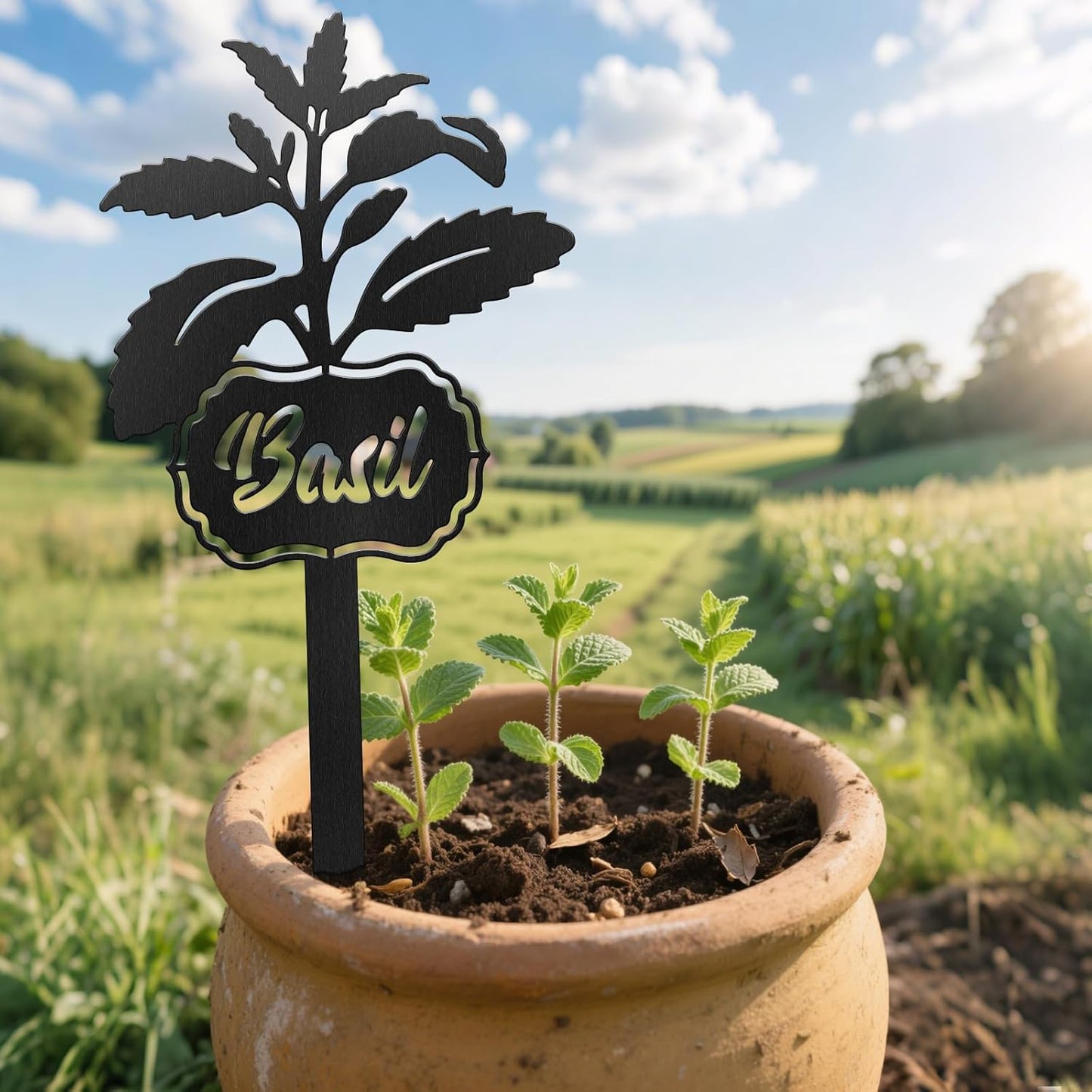 CUTHOLLOW Metal Plant Marker Stake Basil for Outdoor Indoor, Waterproof 11.8 inch Cute Garden Plant Labels Sign Tag for Vegetables, Farmhouse Greenhouse Decor - Funny Gardening Gifts-VerdiqueGarden