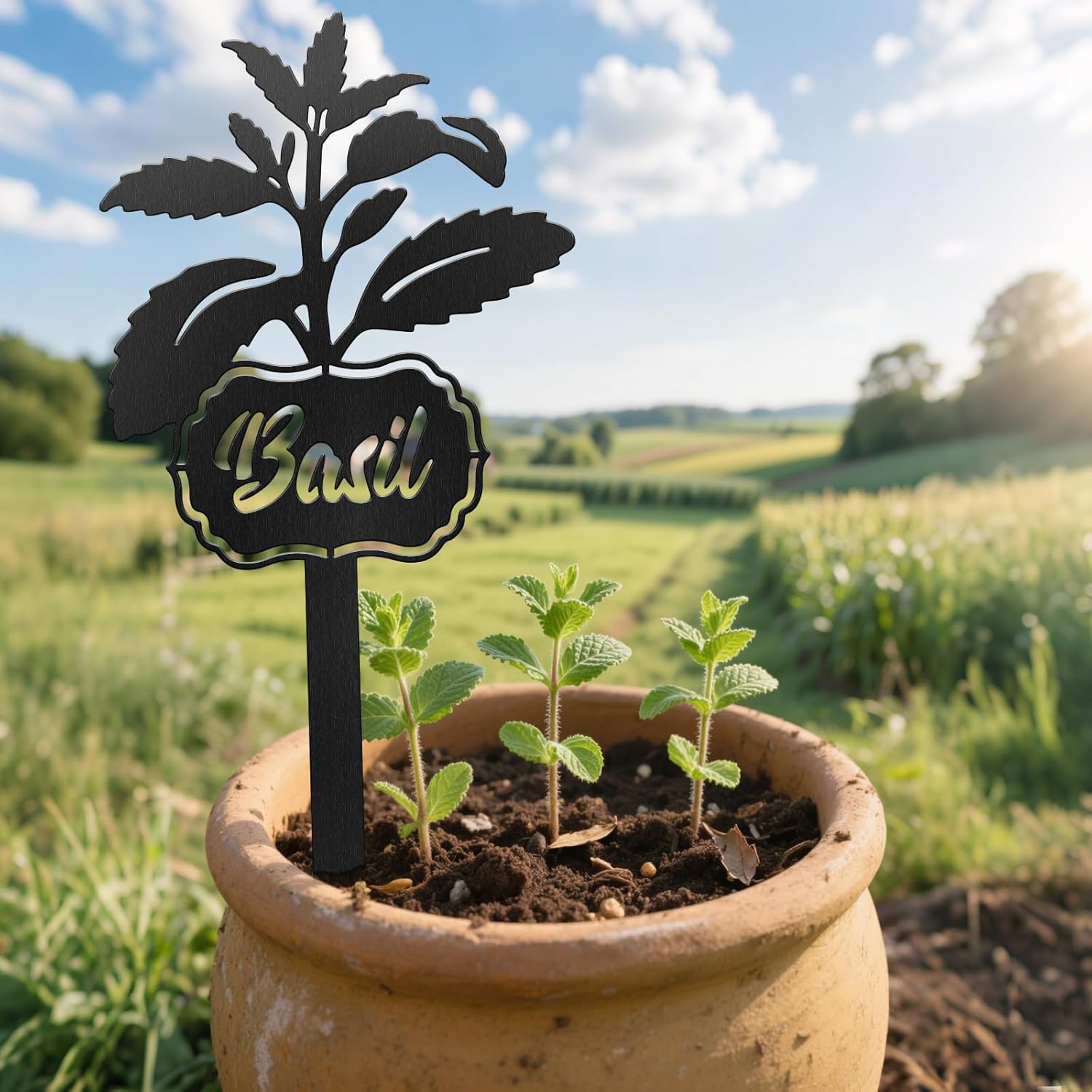 CUTHOLLOW Metal Plant Marker Stake Basil for Outdoor Indoor, Waterproof 11.8 inch Cute Garden Plant Labels Sign Tag for Vegetables, Farmhouse Greenhouse Decor - Funny Gardening Gifts-VerdiqueGarden