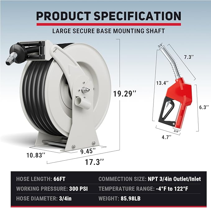 Retractable Fuel Hose Reel, 3/4 in × 66 ft Rubber Hose Heavy Duty Steel Professional Spring Driven Diesel Hose Reel with Fueling Nozzle Max 300PSI Auto Rewind Quick for Ship Vehicle Tank Truck-VerdiqueGarden