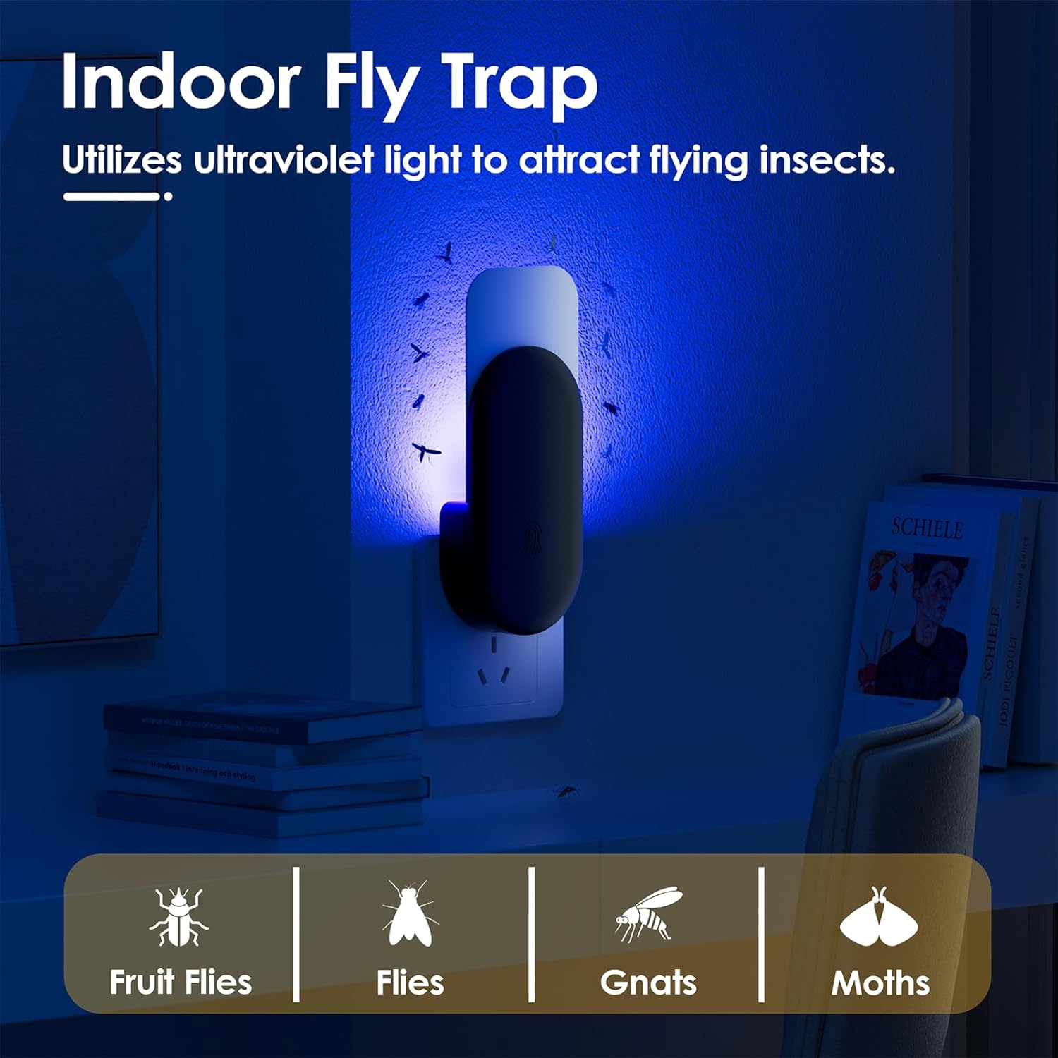 Flying Insect Trap, 2 in 1 Indoor Plug-in Fruit Fly Trap, 4 Trap Black and 24 Glue Cards, Fruit Fly Traps for Gnat, Moth, Mosquito, Suitable for Every Part of The Home-VerdiqueGarden