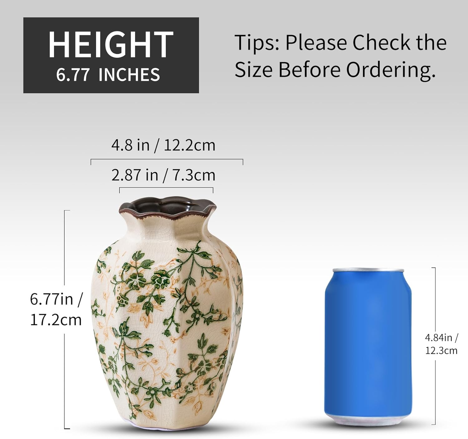 Vintage Pastoral Octagonal Vase, Green and Beige Retro Ceramic Flower Vases, Rustic Farmhouse Vases Chinoiserie Floral Small Vase for Home Decor, Living Room, Kitchen, Bedroom and Shelf 6.7 Inch-VerdiqueGarden