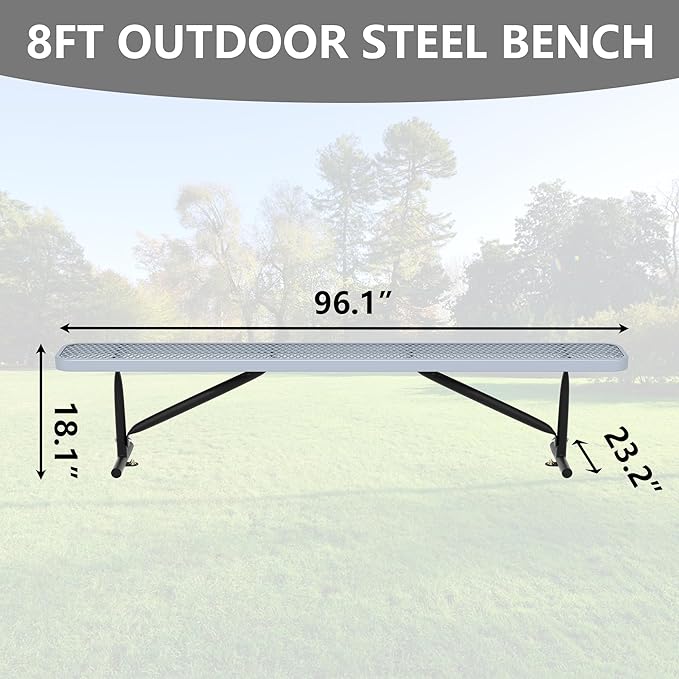 48" L Outdoor Steel Flat Bench, Heavy Duty Metal Park Bench for Outside, Expanded Metal, Commercial Benches Mesh Bench for Shopping Mall, Store, Lawn, Park, Patio, Deck, Garden (Grey, 8FT)-VerdiqueGarden