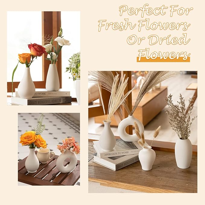 Ceramic Bud Vase Set of 8, Small Vase for Flowers, White Mini Bud Vase in Bulk for Centerpieces, Rustic White Ceramic Vase Set for Flowers, Room Décor, Wedding Party-VerdiqueGarden