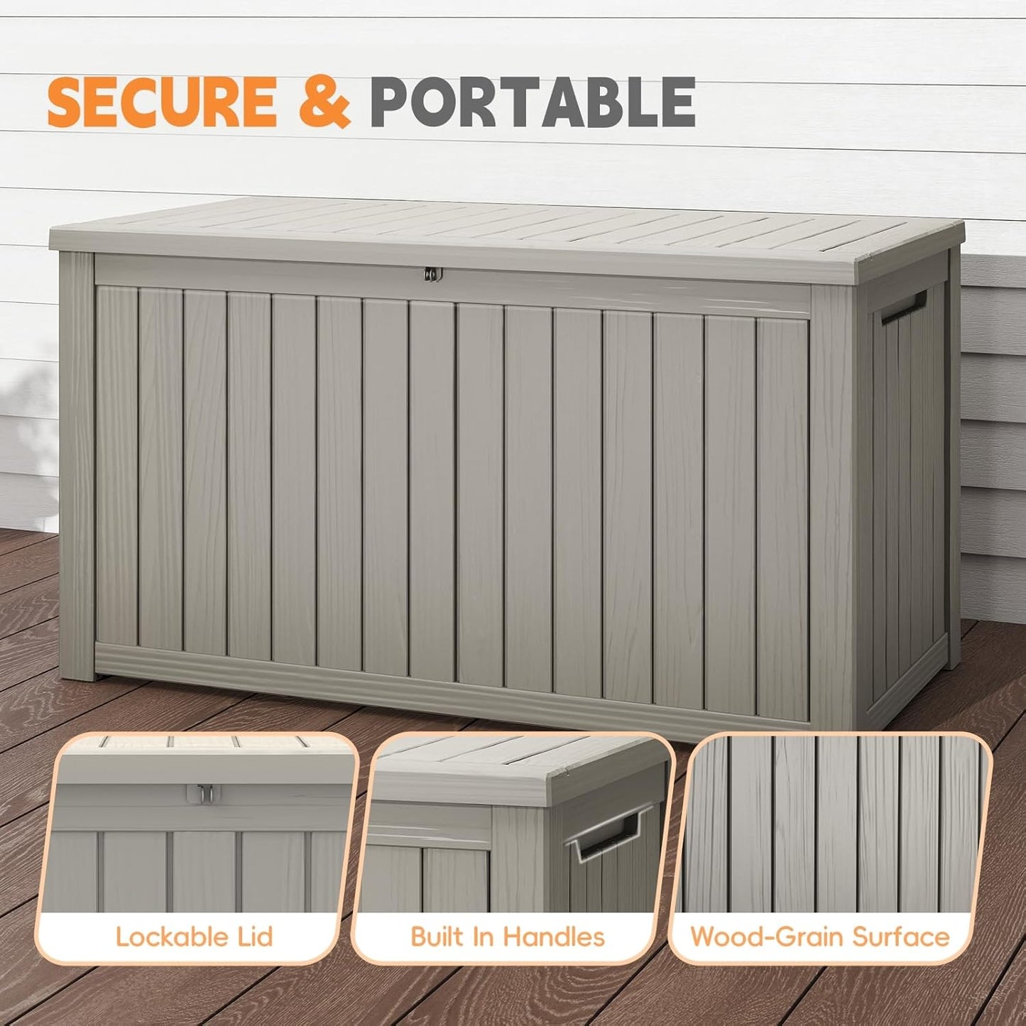 Outdoor Storage Box, 180 Gallon Waterproof Resin Deck Box, Storage Bin for Package Delivery, Patio Furniture Cushion, Garden Tools, Pool Accessories, Weatherproof and UV Resistant, Grey-VerdiqueGarden