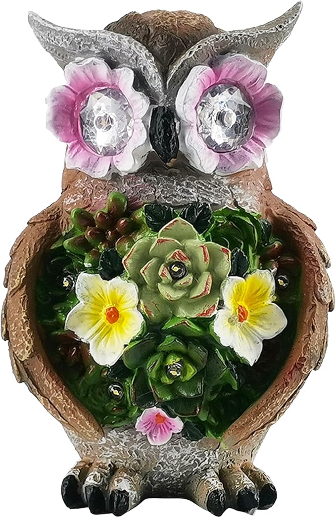 Owl Garden Statue,Solar Garden Statues with Flower LED Lights, Resin Owl Figurine for Lawn Patio Porch Yard Deco Gifts for Women/Mom/Grandma-VerdiqueGarden
