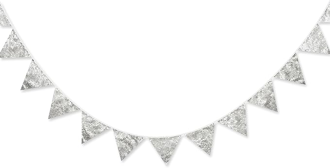 Pinkblume Double Sided Sequin Fabric Triangle Pennant Banner Flag Bunting Garland for Silver Theme Nursery Classroom Home Bedroom Wall Holiday Christmas Decor-VerdiqueGarden