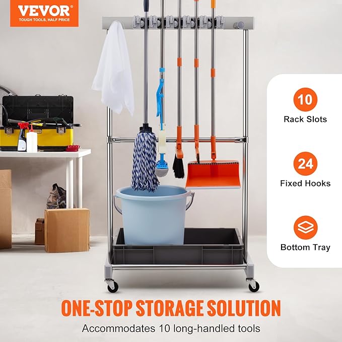 VEVOR Garden Tool Organizer, 10 Slots with Hooks, Yard Tool Tower Rack with Wheels for Garage Organization and Storage, Hold Long-Handled Tool/Rake/Broom, Metal Tool Stand Holder for Shed, Outdoor-VerdiqueGarden