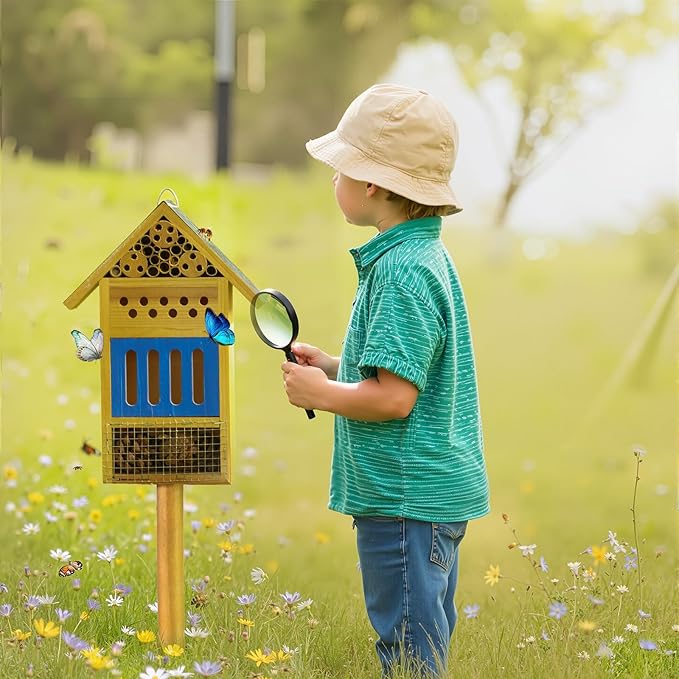Wooden Butterfly House & Bee House for The Garden, Durable Bug Hotel W/Wooden Stake and Iron Roof, Insect Habitat On The Ground Or Hanging On The Tree, for Butterfly, Bee, Ladybug, Bug-VerdiqueGarden