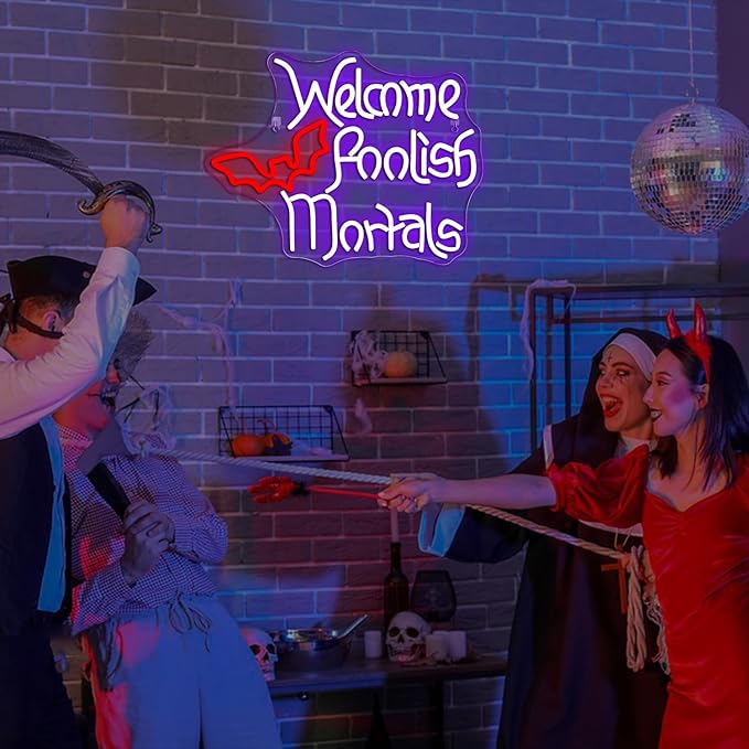 Welcome Foolish Mortals Neon Sign Halloween LED Neon Signs for Wall Decor Halloween Neon Light USB Light Up Sign for Halloween Decor Halloween Party Decoration,Door,Windows,Bar,Man Cave-VerdiqueGarden