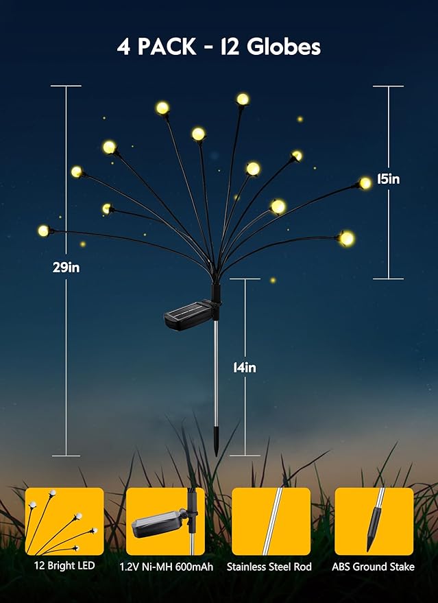 Solar Garden Lights - 8 Pack 12 LED Solar Firefly Lights with 2 Lighting Mode, Sway by Wind, Waterproof Solar Outdoor Light for Yard Patio Walkway Decoration, Warm White-VerdiqueGarden