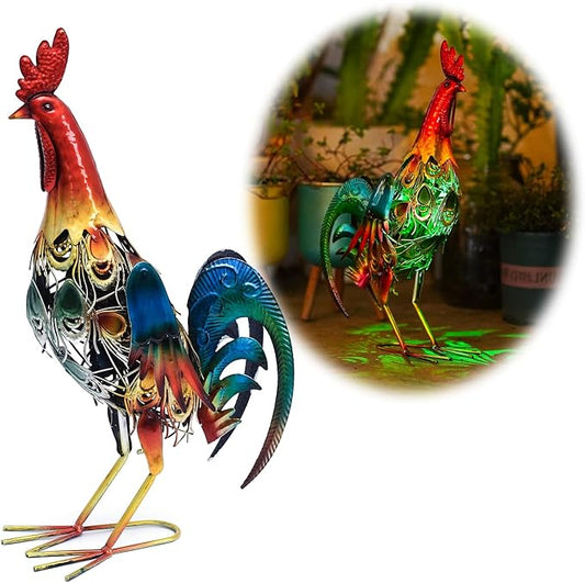 19 Inch Solar Rooster Statue Lights, Metal Yard Art Solar Rooster, Large Rooster Statue Colorful Lights for Garden Lawn Outdoor Decoration Gifts.-VerdiqueGarden