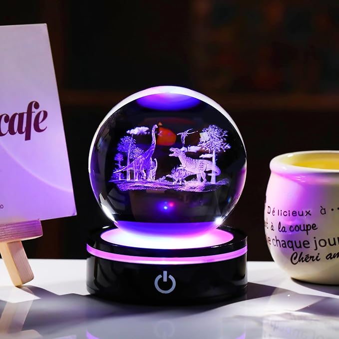 YWHL 3D Dinosaur Figurine Crystal Ball with Colorful Light Base, Dinosaur Gifts for Women Men on Christmas Birthday, 3D Laser Engraved Dinosaur Full Sphere Glass Decorative Ball for Home Office (80mm)-VerdiqueGarden