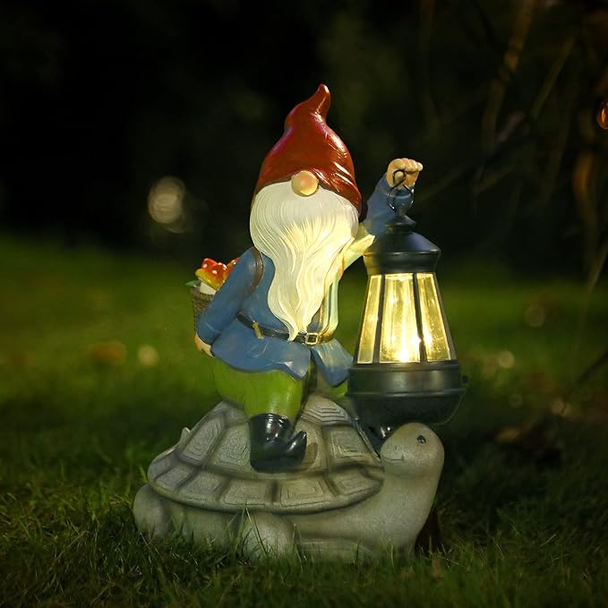 Gnome and Turtle Garden Decor, Large Outdoor Garden Sculptures & Statues, Outside Patio Yard Lawn Decorations, Housewarming for Women, Mom, Grandma with Solar Lantern-VerdiqueGarden