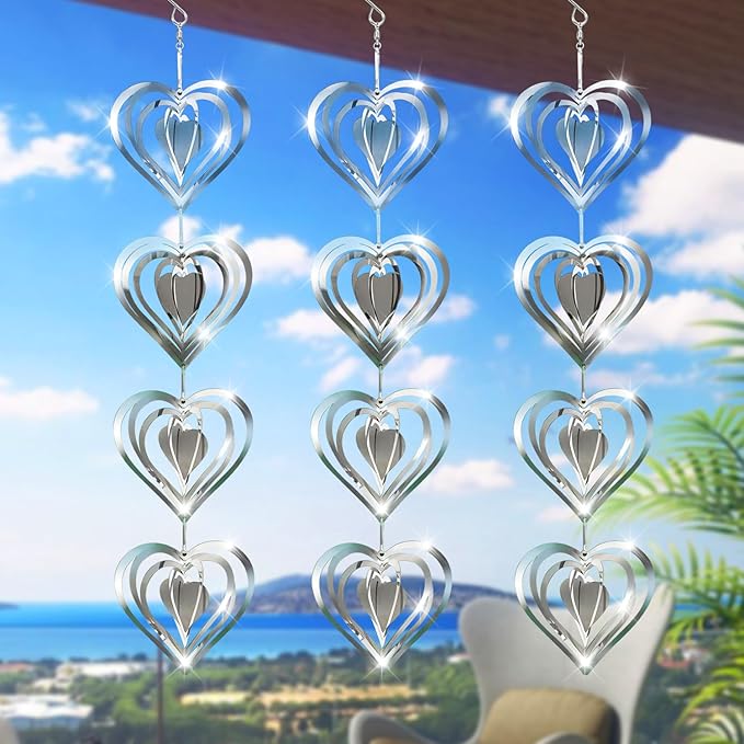 12 Metal Heart Bird Scarer Discs Set, Wind Spinners 3D Helix Reflector Stainless Steel Sparkly Outdoor Garden Decor, Scare Birds & Animals Away from Garden Yard Patio Lawn Farm Wind Sculpture Gifts-VerdiqueGarden