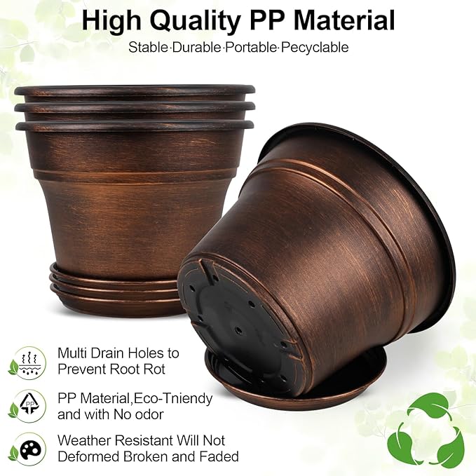 10 Inch Planters Plant Pots Indoor Outdoor, 4 Pack Plastic Flower Pot for Indoor Plants with Drainage Holes & Trays, Resin Decorative Container Sets with Saucer for House Garden Copper-VerdiqueGarden