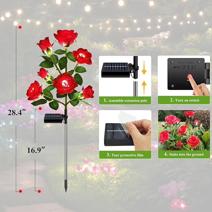 1 Pack Solar Garden Lights Outdoor, 7-Flower Rose Solar Lights for Yard, LED Solar Powered Stake Lights for Patio Pathway Lawn Fence Cemetery, Red-VerdiqueGarden