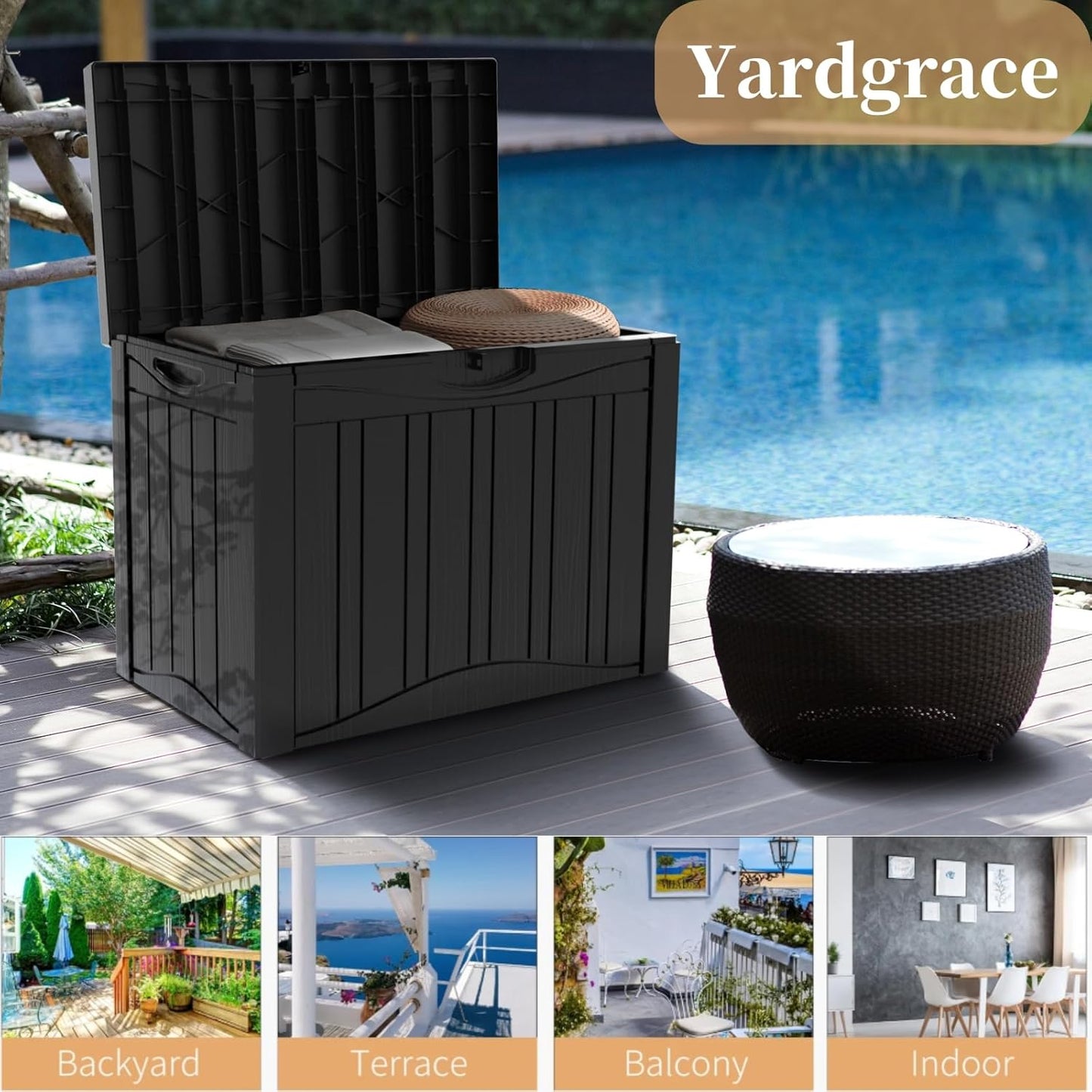 50 Gallon Heavy Duty Outdoor Deck Box with Lockable Lid, All Weather Waterproof Storage for Patio Cushions, Pool Toys, Garden Tools - Rust-Proof Resin Design (Black)-VerdiqueGarden