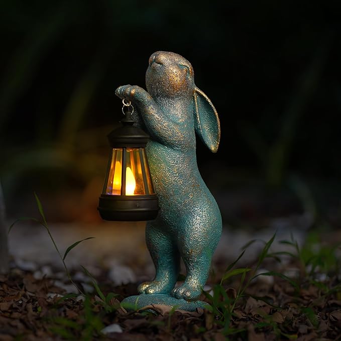 MININOVA Garden Statues Rabbit with Solar Lantern Outdoor Bunny Figurines Decorations for Patio Yard Lawn Ornaments Gifts for Birthday Easter Housewarming-VerdiqueGarden