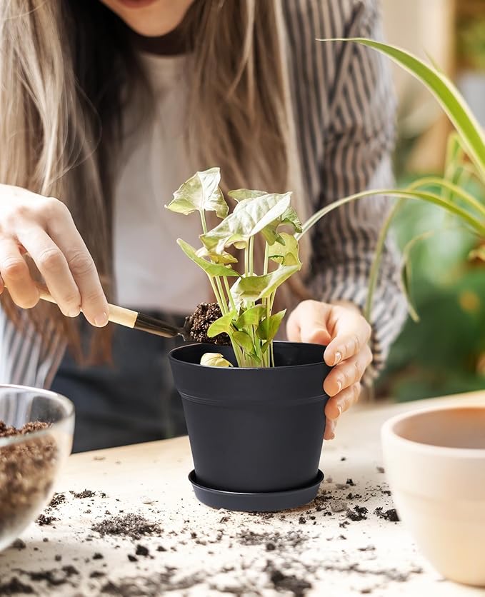 Homenote Pots for Plants, 15 Pack 6 Inch Plastic Planters with Multiple Drainage Holes and Tray,Plant Pots for All Home Garden Flowers Succulents (Black)-VerdiqueGarden