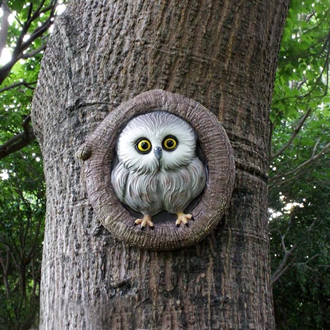 Owl Tree Hugger Whimsical Tree Sculpture Garden Statues Outdoor Tree Face Decor Garden Peeker Yard Art Decorations (Singel Owl)-VerdiqueGarden