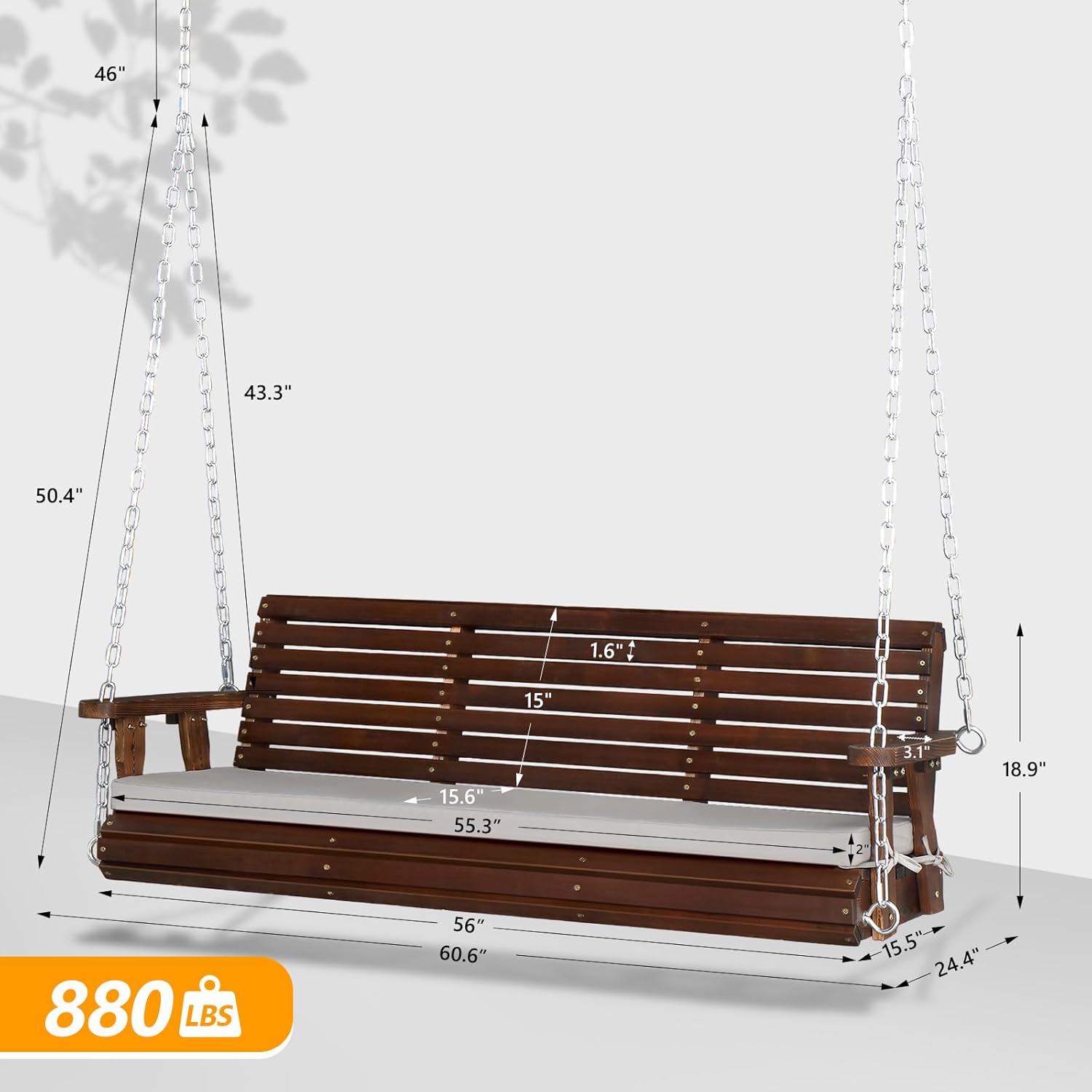 VINGLI Heavy Duty 880 LBS Patio Wooden Porch Swing Outdoor with Extra Cushion, Farmhouse Hanging Bench Tree Swing with Adjustable Chains for Yard | Garden | Lawn | Balcony (5 FT, Rustic)-VerdiqueGarden