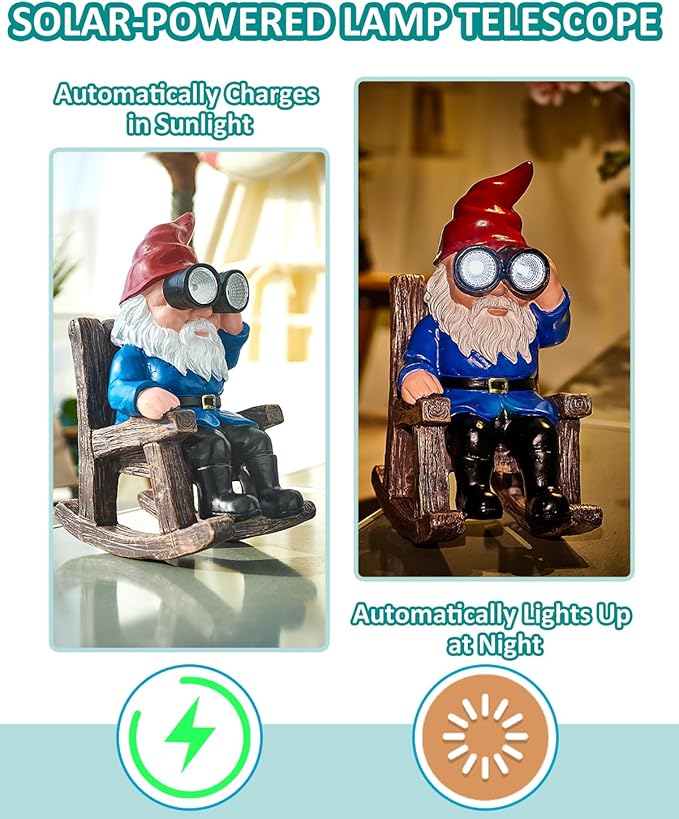 Solar Garden Gnome Statues Resin Gnome Figurines Sitting on Rocking Chair Outdoor Telescope Gnome Gifts for Yard, Patio Decor Gift-VerdiqueGarden