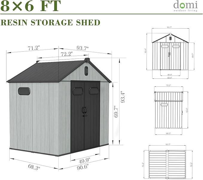 Domi 8x6FT Outdoor Resin Storage Shed with Transparent Windows & Louvered Vents, Plastic Tool Shed with Double Lockable Doors & Gable Roof, Outside Garden Shed for Backyard, Patio, Lawn, Grey-VerdiqueGarden