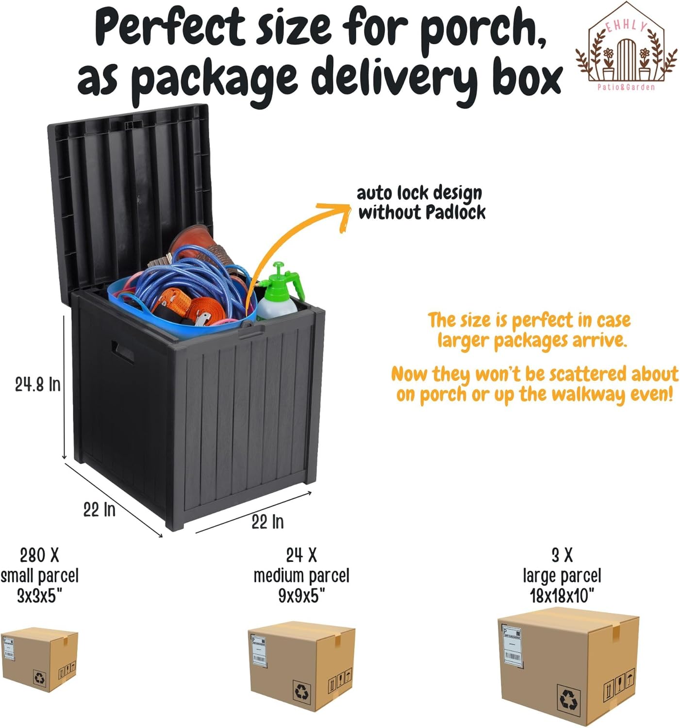 Deck Box, 51 Gallon Package Bin Delivery Box for Outside Front Porch, Small Patio Outdoor Storage Boxes Waterproof, UV Resistant Plastic Resin Pool Storage Bins with lids, Grey-VerdiqueGarden